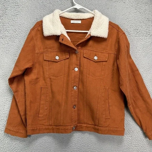 Paper Crane Jacket Womens Medium Rust Brown Sherpa Collared Hooded Denim Coat - Picture 1 of 12